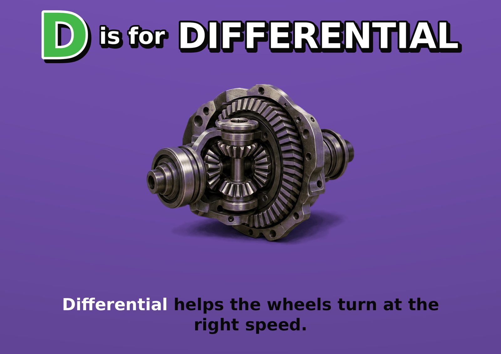 D is for DIFFERENTIAL. Differential helps the wheels turn at the right speed.
