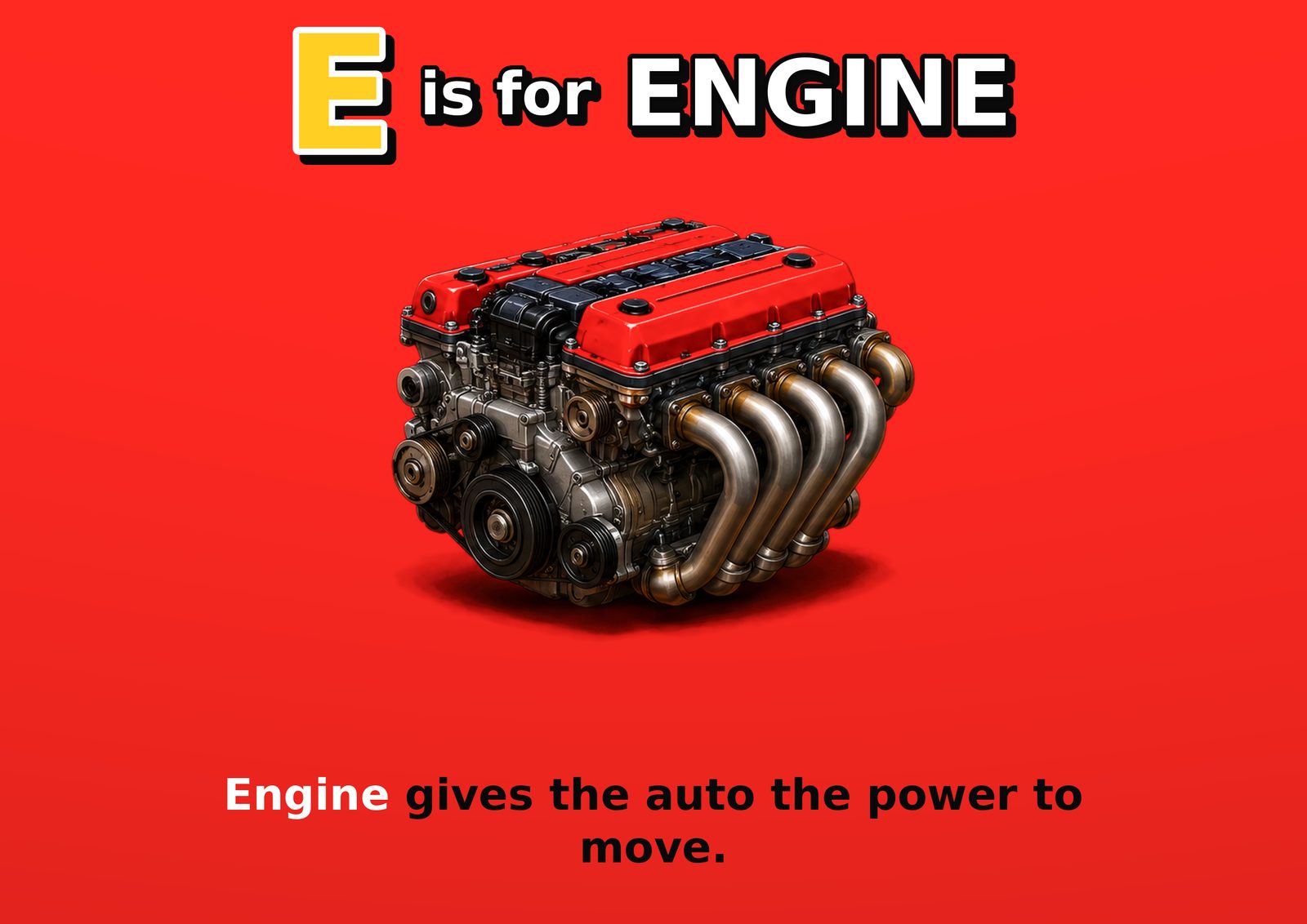 E is for ENGINE. Engine gives the auto the power to move.