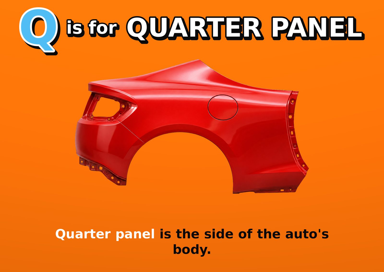 Q is for QUARTER PANEL. Quarter panel is the side of the auto's body.