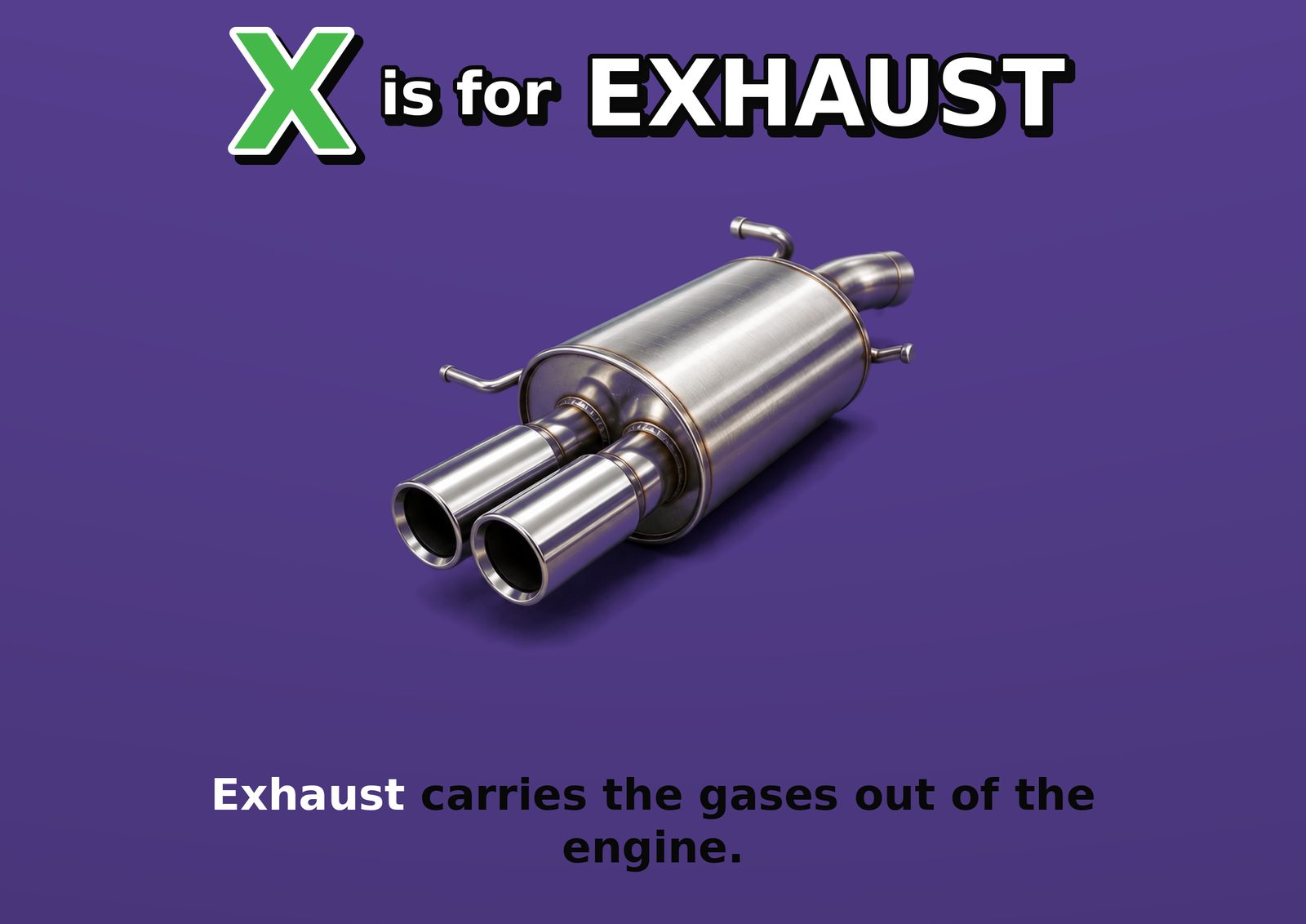 X is for EXHAUST. Exhaust carries the gases out of the engine.