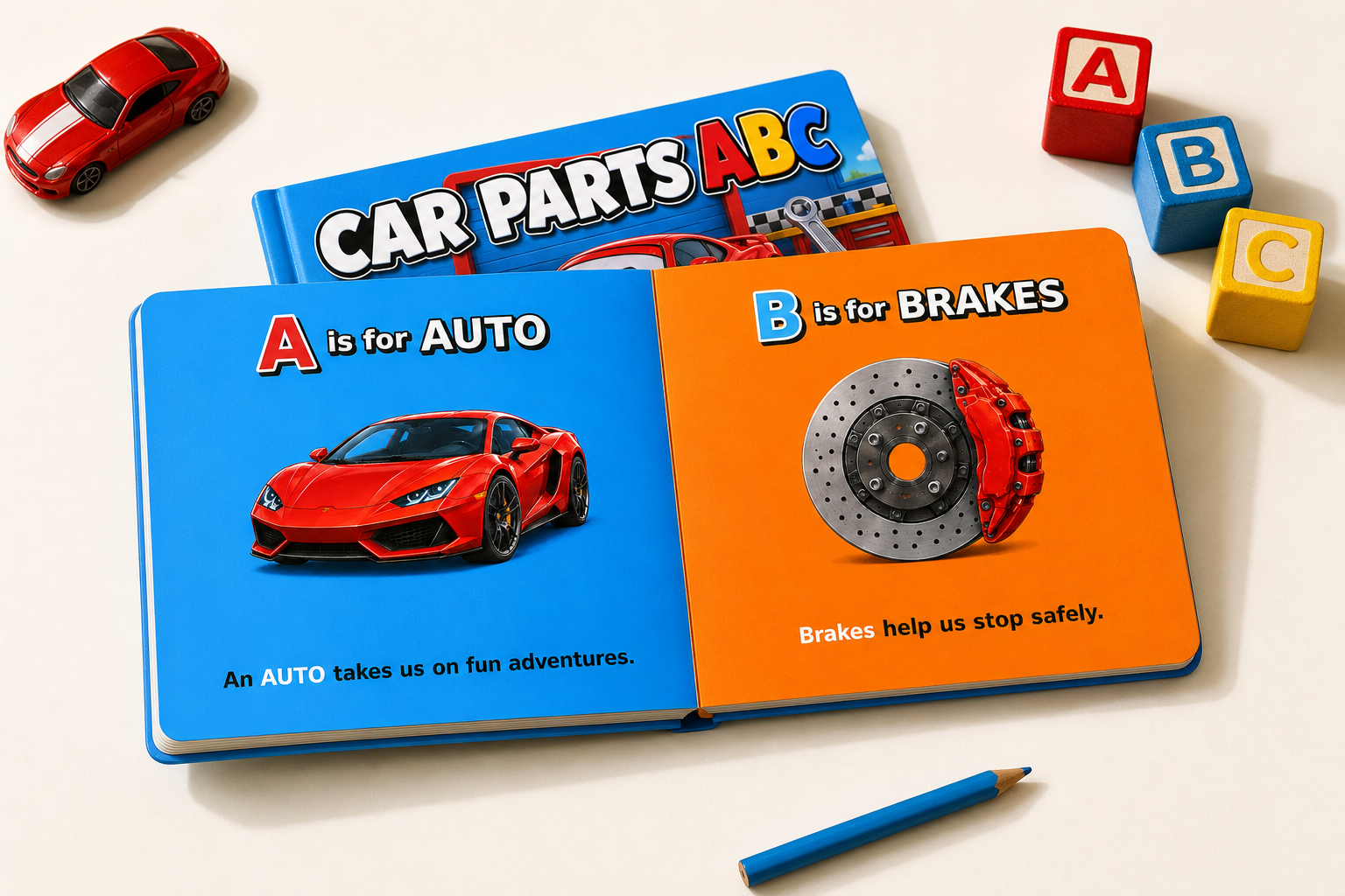 Open Car Parts ABC book showing A for Auto followed by B for Brakes